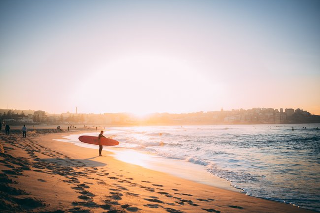 surfer at sun set Bondi Beach Australia