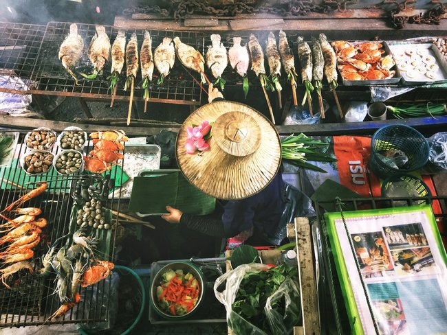 Asian cooking in Bangkok at night aerial view