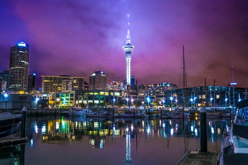 Auckland sky tower at night New Zealand