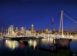 Waitemata harbour night sky line Auckland