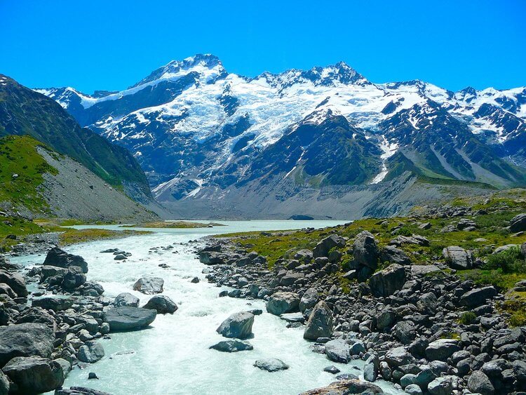River with glacier Mount Cook New Zealand