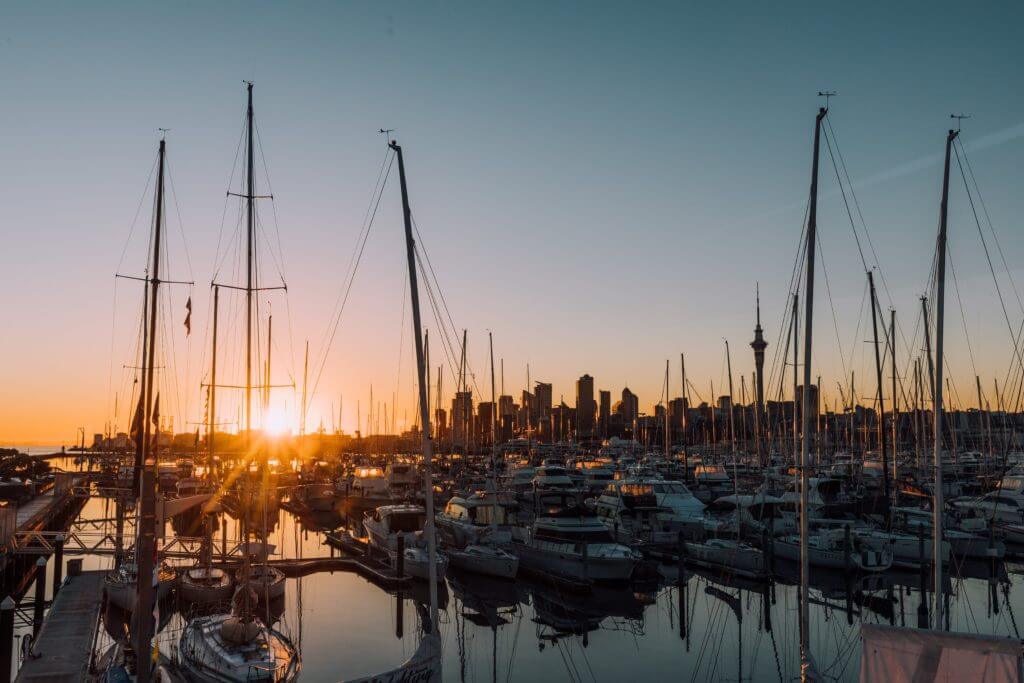 boats in Auckland harbour at sunset