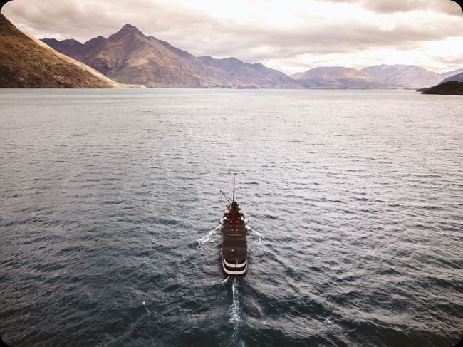 TSS Earnslaw aerial view lake wakatipu mountains