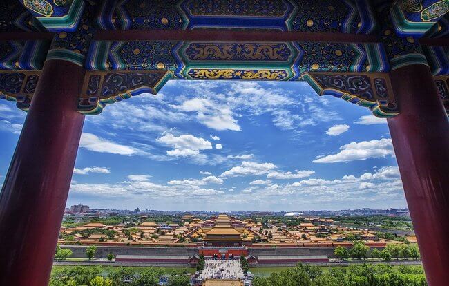 view looking over forbidden city blue sky clouds Beijing