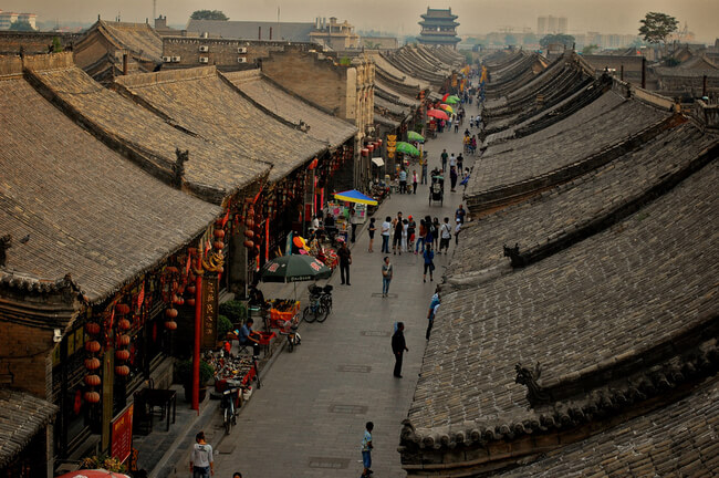 view of street from above Pingyao walled city china