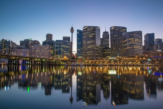 Sydney night skyline from harbour with Sydney tower eye