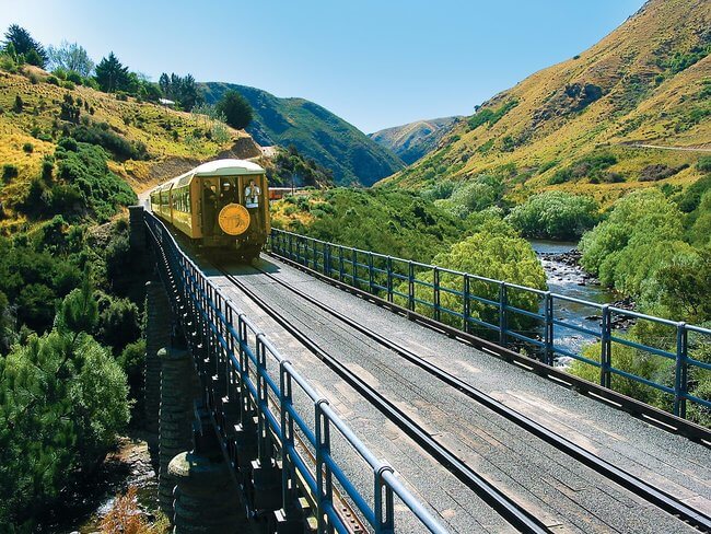 Taieri gorge railway train over Hindon Viaduct