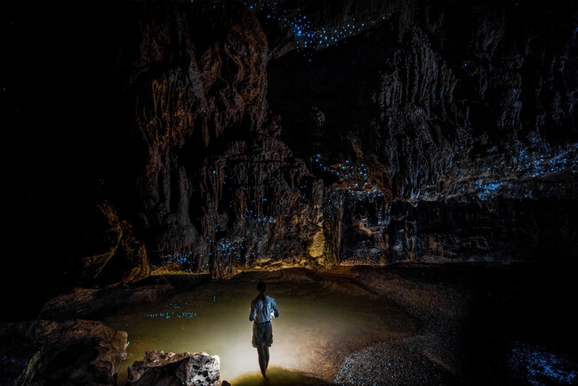 person standing inside Cave with glow worms New Zealand