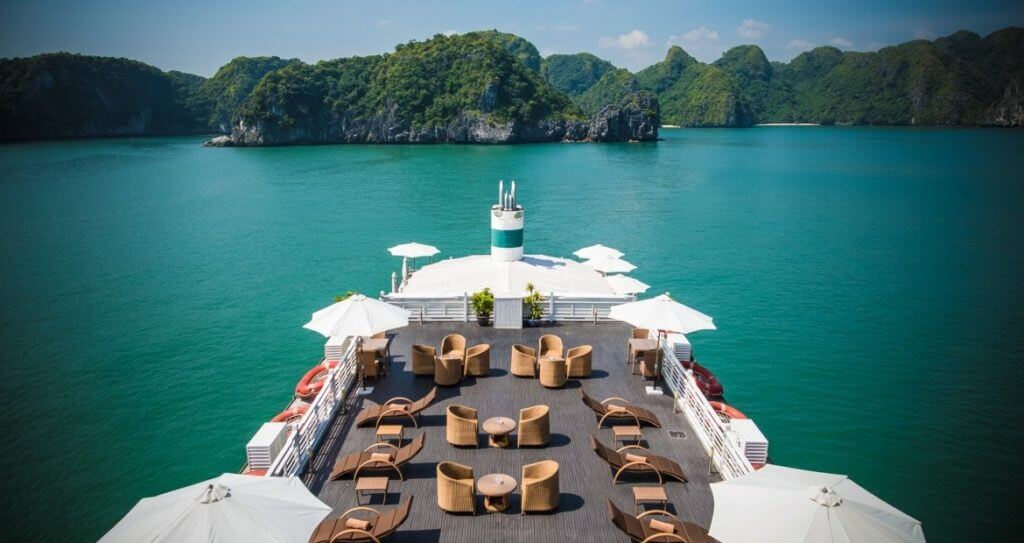 Vietnam Halong bay Au Co cruise boat ship looking down on deck on water