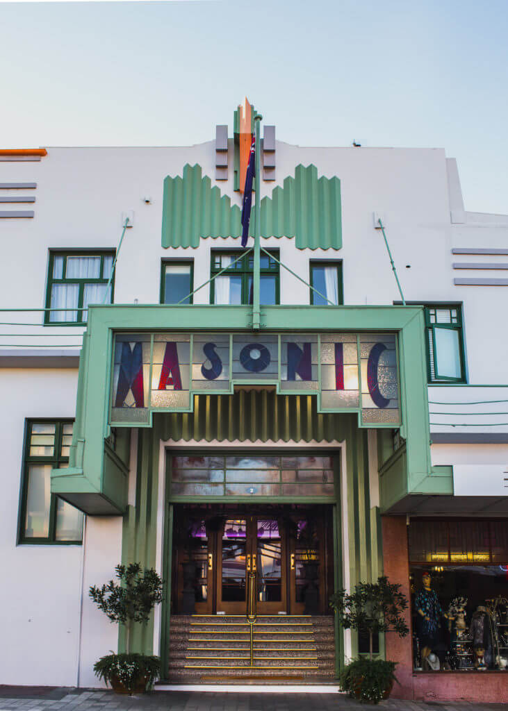 New Zealand masonic art deco hotel guided walk exterior