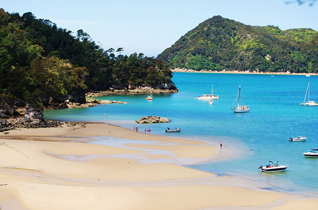 The quiet bay of Abel Tasman National Park, with sapphire waters next to dense green hills