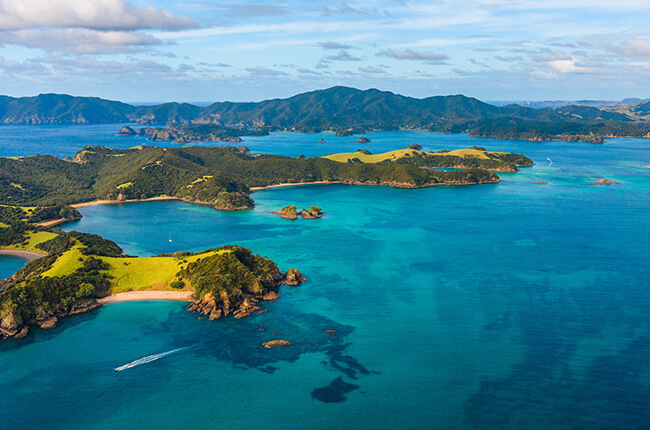 The vibrant greens and blues of the Bay of Islands and the surrounding waters from above