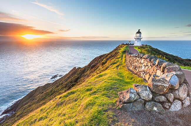 path to the lighthouse at Cape Reinga, overlooking the meeting of the Tasman Sea and Pacific Ocean