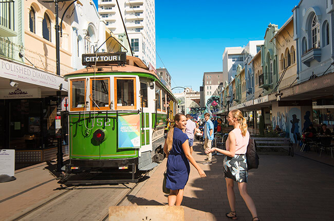 centre of Christchurch, with classic tram system and smalls shops on the high street