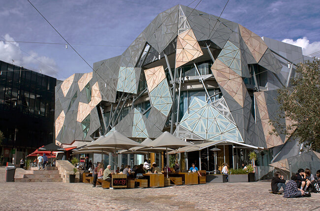 Close up of the neo-futuristic architecture of Federation Square in Melbourne