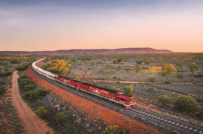 The Ghan train travelling through the arid outback