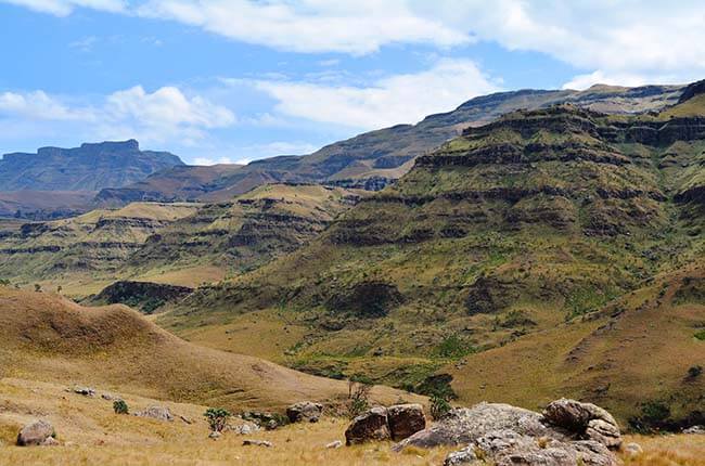 Jagged landscape of Lesotho, green hills with rocks penetrating the surface