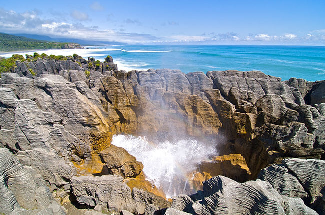 The flat, jagged rocks known as Punakaiki, on the coast of New Zealand