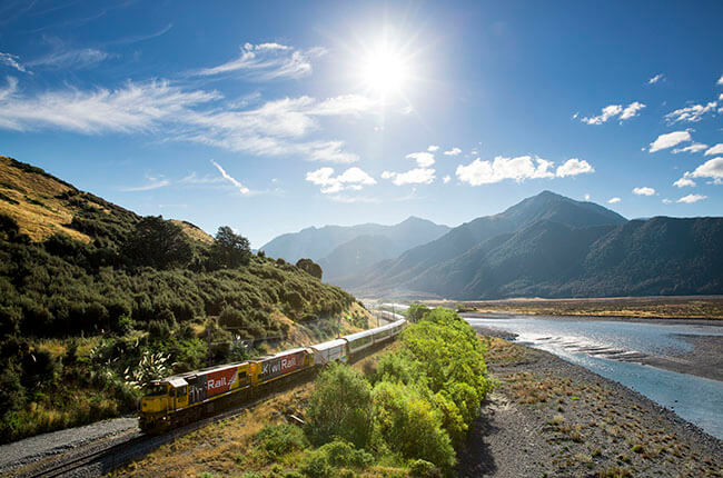 Famous TranzAlpine train travelling through the Canterbury Plains