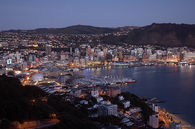 Wellington and the surrounding suburbs at dusk taken from afar on a hill.