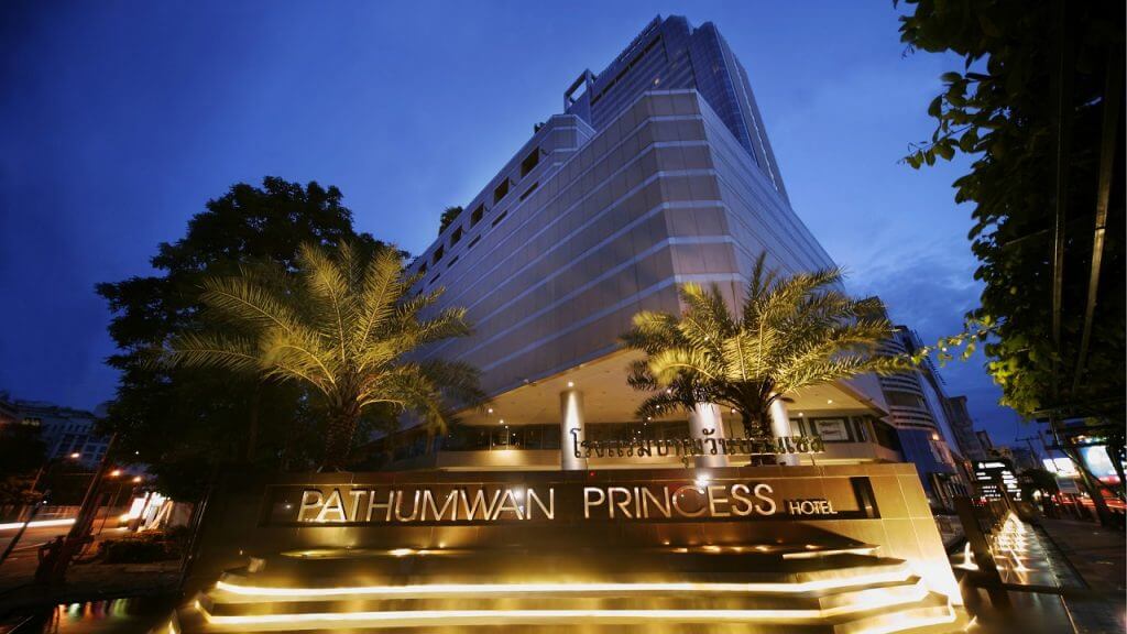towering exterior night view of sign and front Pathumwan Princess hotel Bangkok