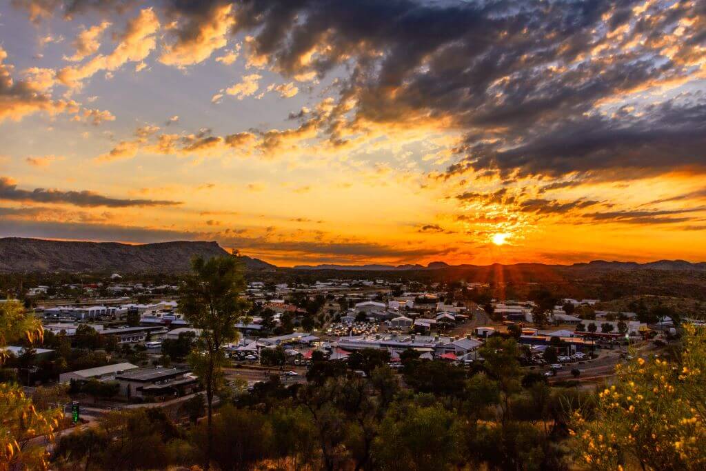 aerial view of Alice Springs at sunset