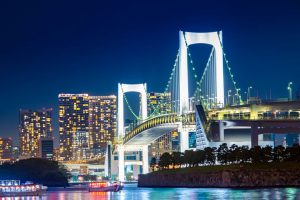 Rainbow bridge over Tokyo River at night