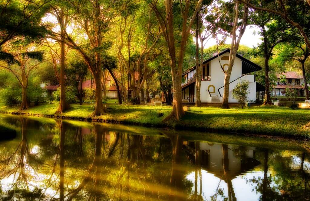 Habarana Cinnamon lodge exterior with lake