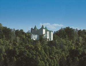 exterior landscape view Oberoi Cecil Hotel in forest in Shimla India