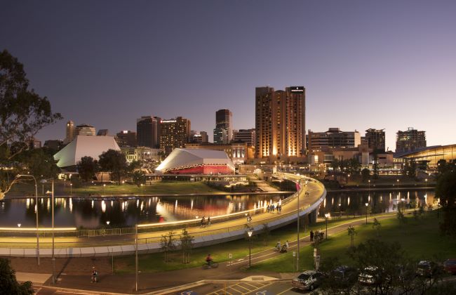 Adelaide skyline at dusk with view across river