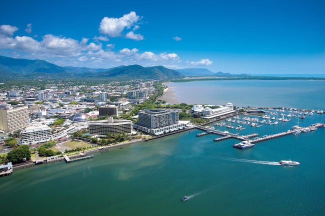 Aerial view of Cairns and Cairns harbour looking along the coastline