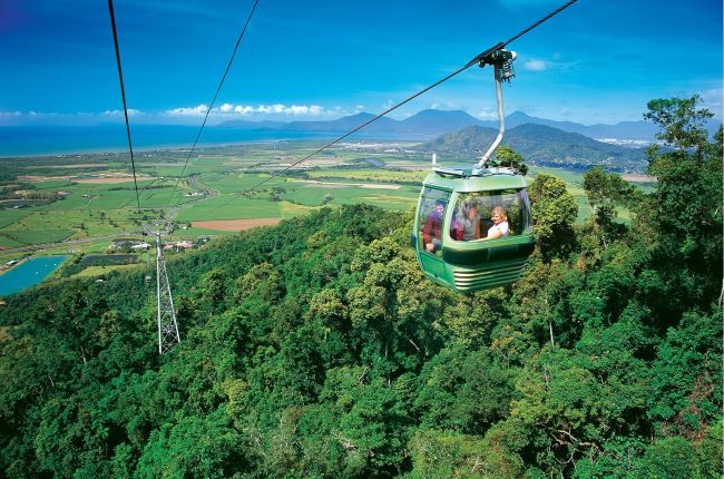 Skyrail travelling over forest with people looking out, Coastline in the background