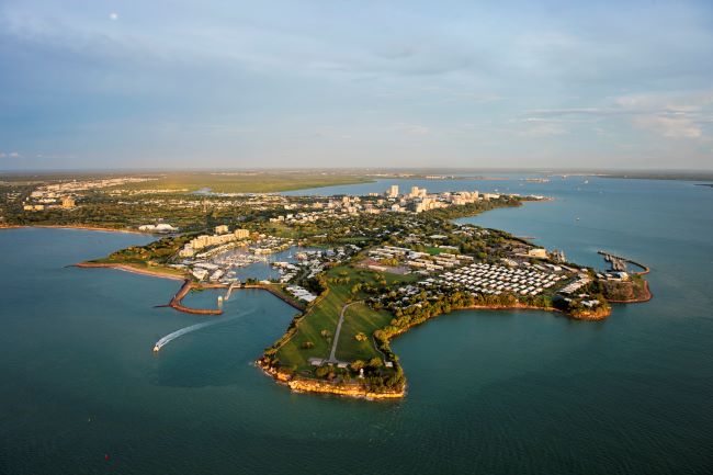 Aerial view of Darwin city with boat coming out of the harbour