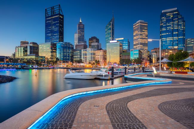 Perth Downtown skyline at dusk and Elizabeth Quay 