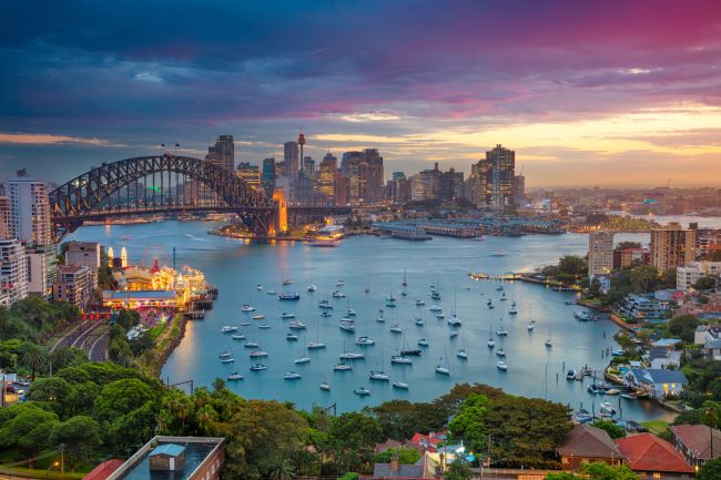 Aerial view of Sydney Harbour with bridge and Luna Park and boats in the water