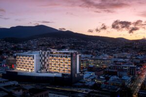 Aerial view of Crowne Plaza Hobart at dusk