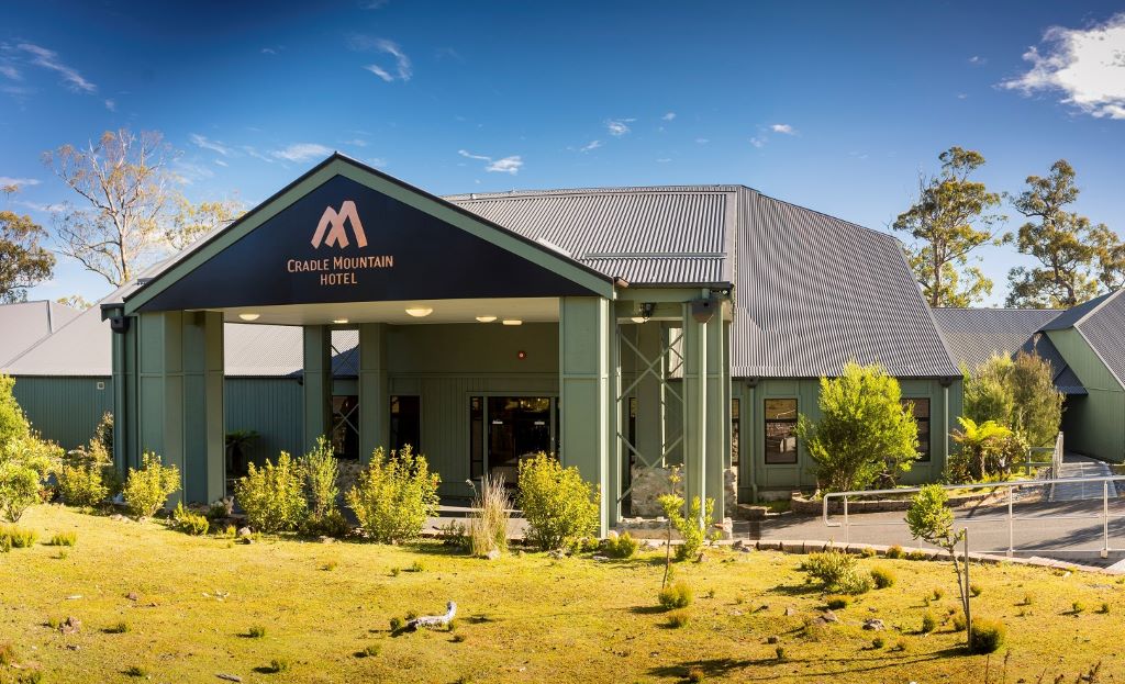 Cradle mountain hotel main enterance in sunshine