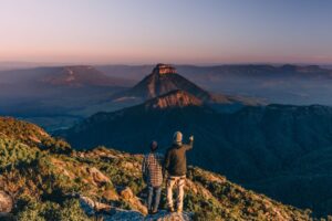 Couple looking out at lanscape at Mount Barney near Brisbane