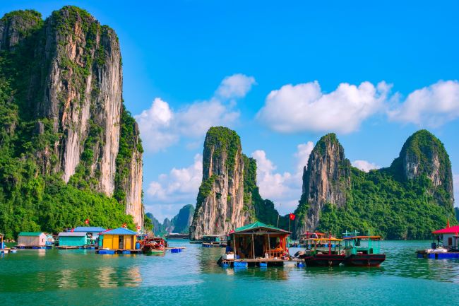 Colourful floating villages on Ha Long Bay in Vietnam