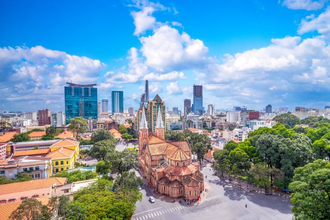 Aerial view of Notre-Dame Cathedral of Ho Chi Minh City (Saigon), Vietnam