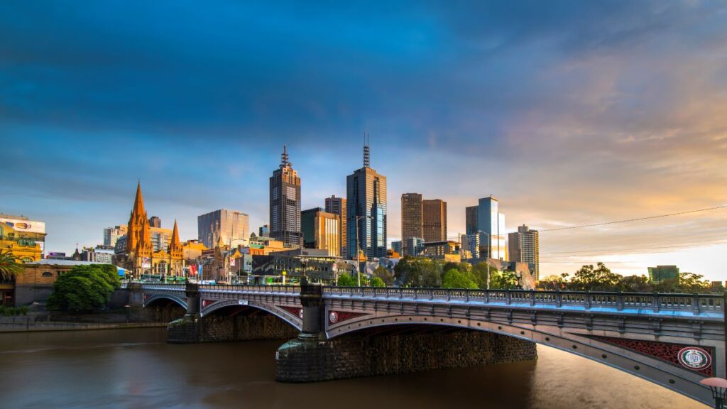 Viewing the Melbourne skyline from the banks of the Yarra River