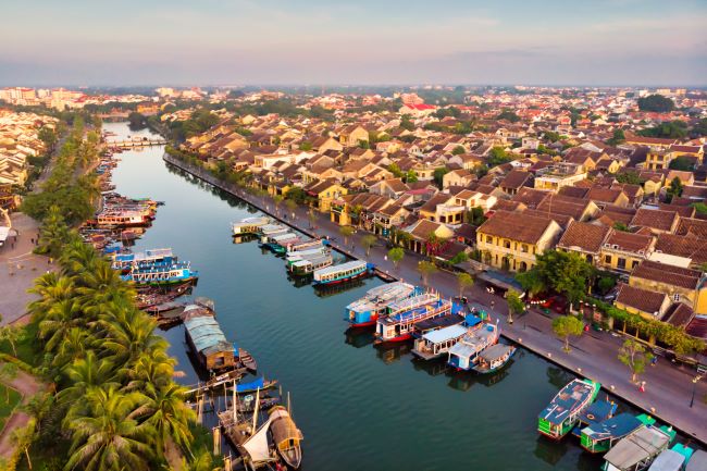 Aerial view of the Historic and ancient town of Hoi An on the Thu Bon River, Vietnam