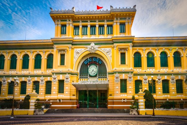 Yellow colonial building of the Central Post Office, Ho Chi Minh City (formerly Saigon) in Vietnam