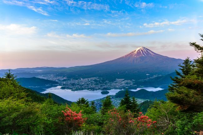 View of Mount Fuji and Lake Kawaguchi, one of the Fuji Five Lakes, Japan