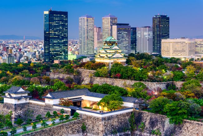 Osaka Castle and City Skyline, Japan at dusk