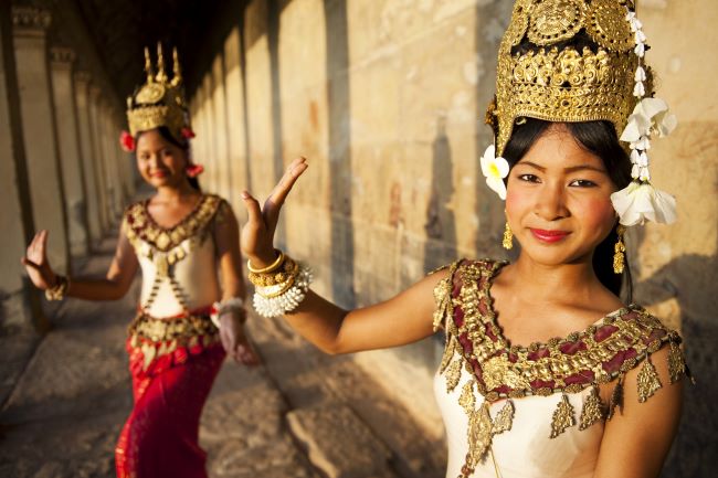 Two beautiful Cambodian ladies wearing traditional Apsara dance dress