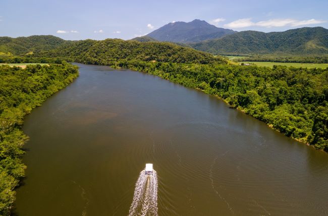 Boat cruising down the Daintree River in Tropical North Queensland, Australia