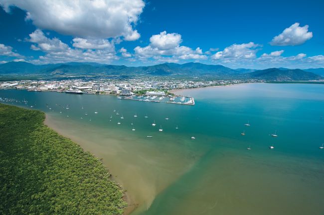 Aerial of the tropical city of Cairns and Trinity Inlet, in Australia's Tropical North Queensland