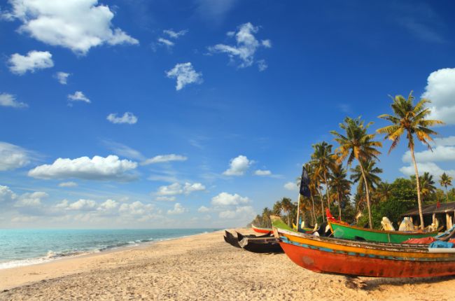 Colourful fishing boats sat in a beach in India