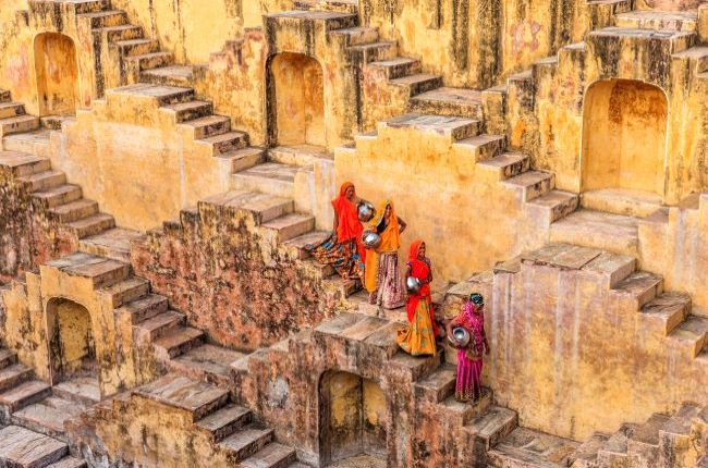 Indian ladies in traditional dress on a stepwell